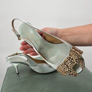 Vintage Valentino Rhinestone Bow Kitten Sling Back Heels in Size 36
